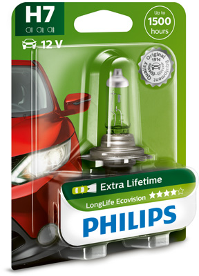 Bec far H7 55W 12 V, Longer Life Ecovision, blister, 1 bucata, PHILIPS 12972LLECOB1 – imagine produs
