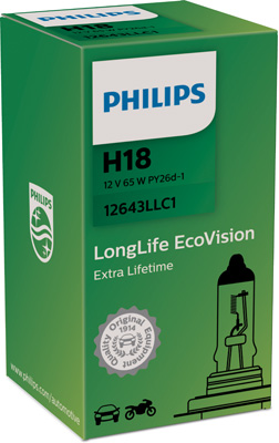 Bec far H18 65W 12 V, Long Life Ecovision, cutie, PHILIPS 12643LLC1 – imagine produs