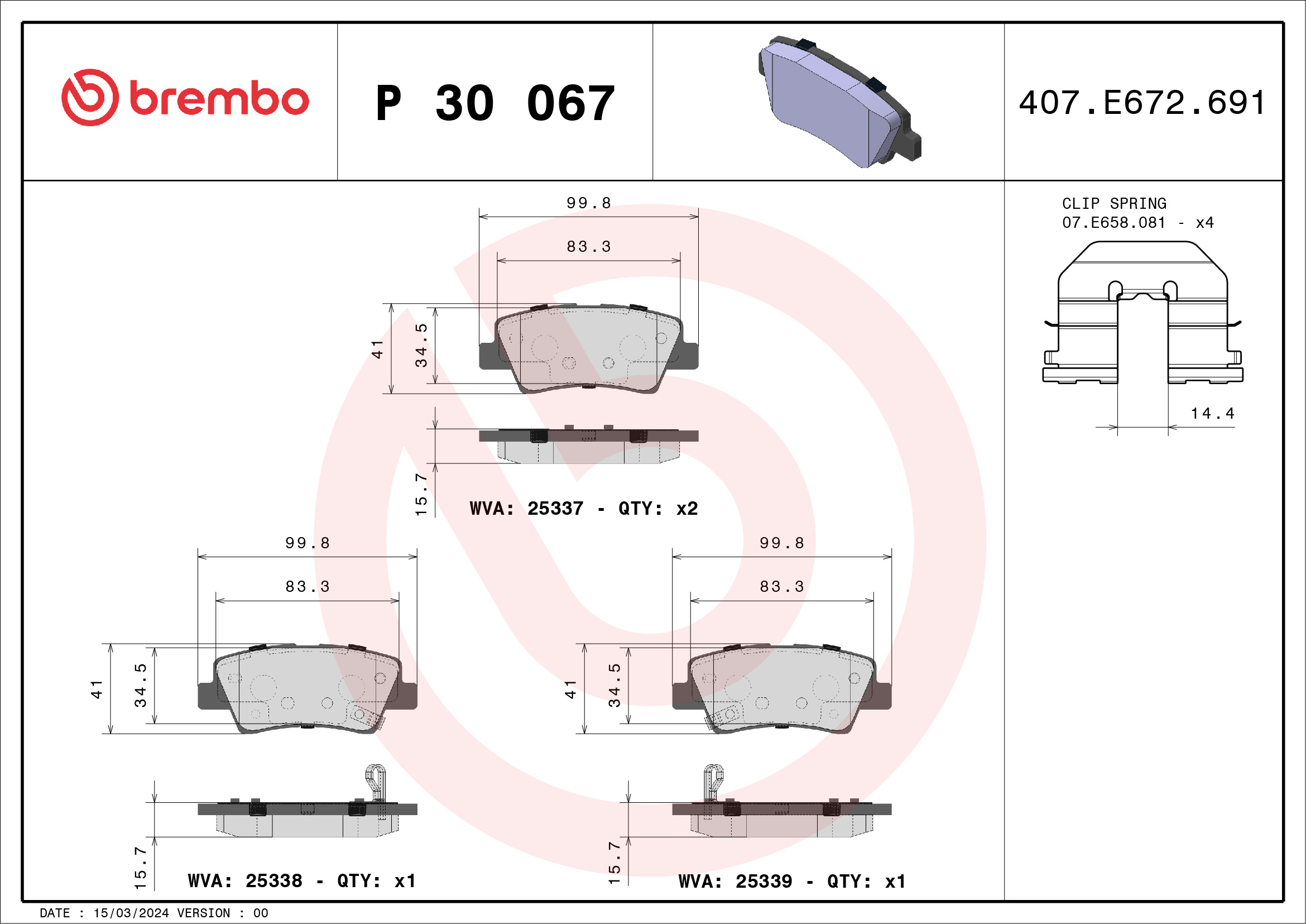 Placute frana KIA CEED (JD) 1.0 T-GDI benzina 120 cai BREMBO P 30 067