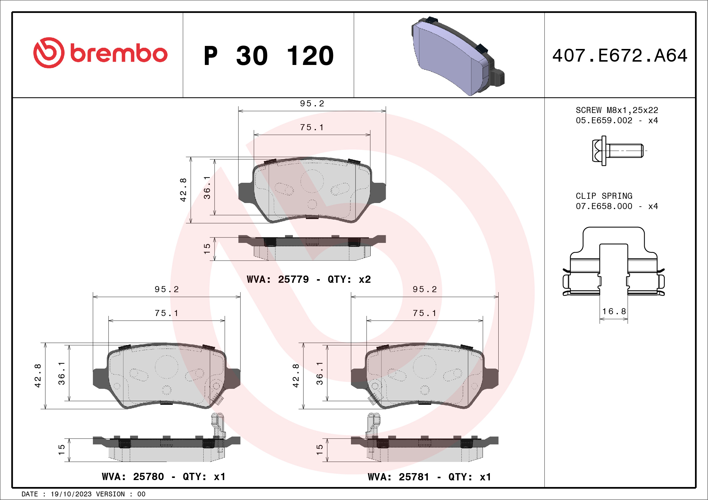 Placute frana KIA CEED (JD) 1.0 T-GDI benzina 120 cai BREMBO P 30 120